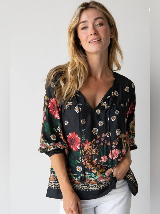 NATURAL LIFE Tops - Natural Life Boho Floral Mushroom Tunic Top XXL Black